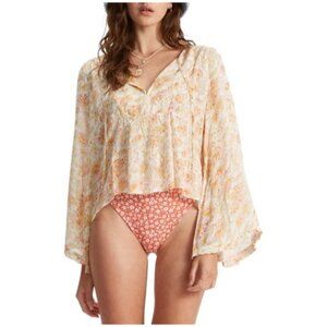 BILLABONG Hippie Days Crop Top Sz S Floral Front Tie Flare Sleeve Modal Viscose